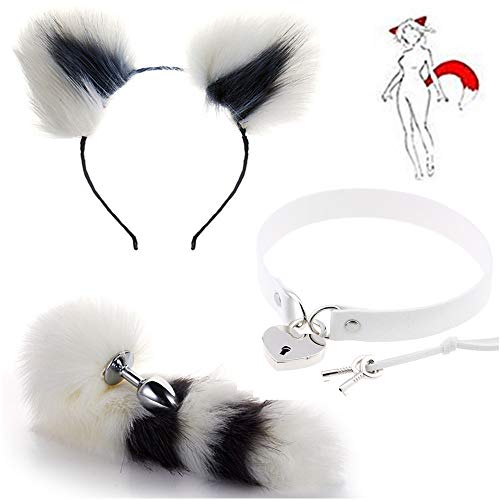 Huang Zhongxin Peluche Costume adulto Cat Ear Band e Metal Fox Tail Pluge Giocattoli con regolabile Love Heart Lock Velluto Girocollo 3 pezzi (bianco e grigio)