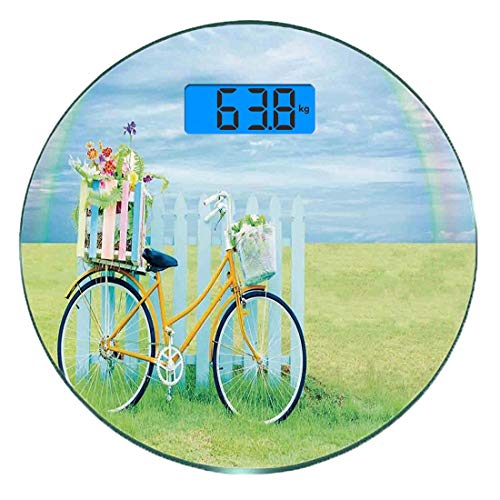 Jojun Bilancia digitale di precisione tondo Bicicletta Misurazioni accurate del peso della bilancia pesapersone in vetro ultra sottile,Bici nostalgica sull'erba sopra l'arcobaleno colorato Dreamy Paradise N