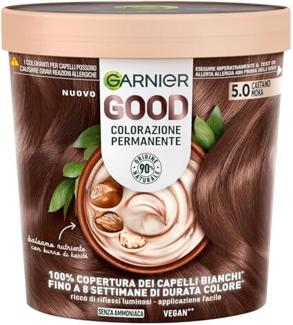 Garnier Good Tinta Colorazione Permanente Fino a 8 Settimane Colore Brillante e Luminoso Copre il 100% dei Capelli Bianchi Formula Vegana Senza Ammoniaca 5.0 Castano Moka