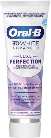 Oral-B Dentifricio 3D White Advanced Luxe Perfection, Dentifricio sbiancante, Elimina le macchie di superficie, protezione antimacchia, dimostrato clinicamente, aroma menta piperita rinfrescante, 75