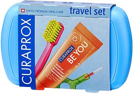 Curaprox Set da viaggio blu – Spazzolino da viaggio a incastro CS 5460 + dentifricio da viaggio «Be You» + 2 spazzolini interdentali CPS prime 07 e 09 – Set per la cura dei denti da viaggio 9,5 cm x 6