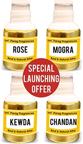 Parag Fragrances Rose, Mogra, Kewda, Chandan Attar Each 5 ml {Launching Offer Pack} (Alcohol Free Long Lasting Attar For Men or Religious Use) Traditional Bhapka Processed Attar/Made in India