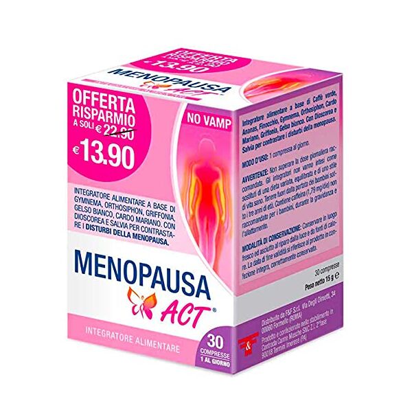 act menopausa act 30 compresse - integratore alimentare a base di gymnema, orthosiphon, griffonia, gelso bianco, cardo mariano con dioscorea e salvia per contrastare i disturbi della menopausa