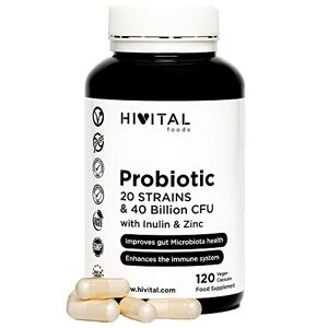 HIVITAL foods Probiotici 20 ceppi 40 miliardi di CFU con Inulina e Zinco. 120 capsule vegane gastroresistenti per 2 mesi. Probiotici e prebiotici per migliorare la salute gastrointestinale e il sistema immunitario.