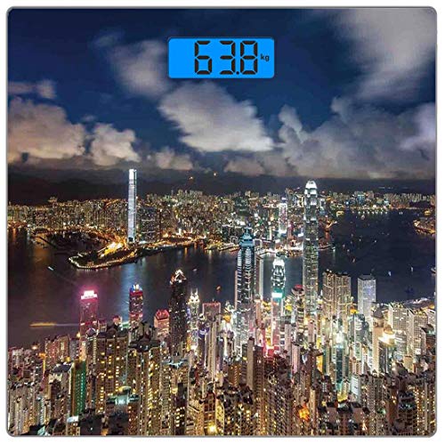 Jojun Bilancia digitale di precisione piazza Paesaggio urbano Misurazioni accurate del peso della bilancia pesapersone in vetro ultra sottile,Vista notturna di Hong Kong Victoria Harbour Business Financial