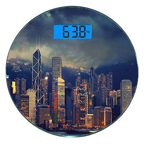 Jojun Bilancia digitale di precisione tondo Paesaggio urbano Misurazioni accurate del peso della bilancia pesapersone in vetro ultra sottile,Hong Kong Cityscape Stormy Weather Scuro cielo nuvoloso Waterfron