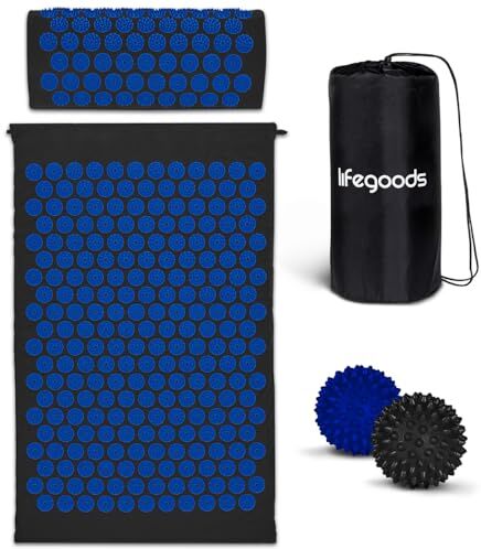 LifeGoods Tappetino Agopressione - Pranamat Eco - Tappetino Massaggiante Corpo - Shakti Mat - Tappeto Agopressione - Mysa Tappetino Svedese - Mysa - Sfere da Massaggio e Borsa - Nero e Blu