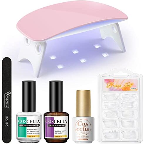 COSCELIA Nail Gel Kit Manicure Tools 9W, UV / LED Nail Lampada Nail Prep Nail Desiccant con Unghie Finte Tool Kit