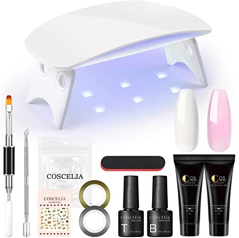 COSCELIA Kit Gel Unghie UV Completo Poli Unghie Gel Bianco Rosa, Estensione Gel Unghie 10ml, Lampada Unghie 6W,Unghie Finte Strumenti Pennello Kit