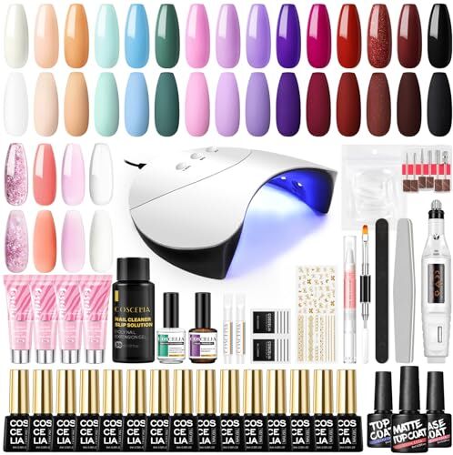 COSCELIA Set di unghie in gel da 36 W UV/LED, set di 15 colori, con 4 pezzi estensione gel unghie, set di unghie con fresa per unghie