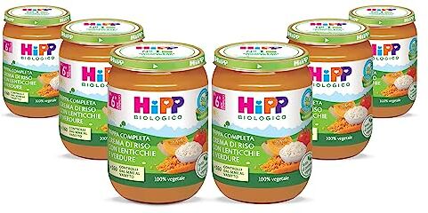 HiPP - Pappa Pronta Completa Bio, Crema di Riso con Lenticchie e Verdure, per Bambini, 100% Vegano, Senza Sale Aggiunto, 6 Vasetti da 190 gr