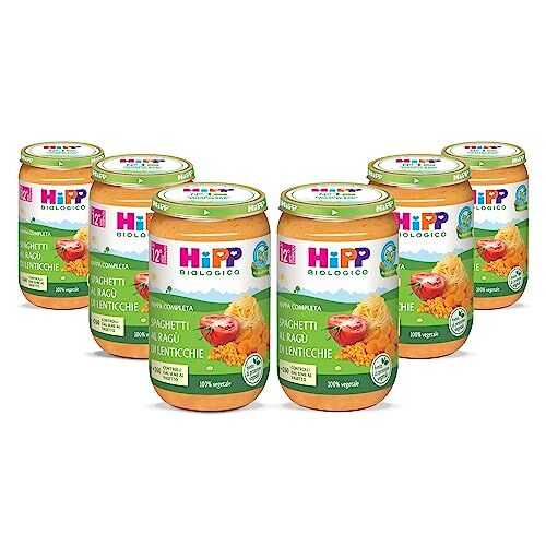 HiPP - Pappa Pronta Completa Bio, Spaghettini al Ragù di Lenticchie, per Bambini, 100% Vegetale, Senza Sale Aggiunto, 6 Vasetti da 250 gr