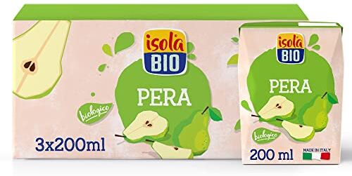 Isola Bio Succo di Frutta Biologico Pera, 100% Ingredienti Naturali, Frutta Italiana in Mini Brik per Colazione e Merenda, Formato 3 confezioni da 200 ml