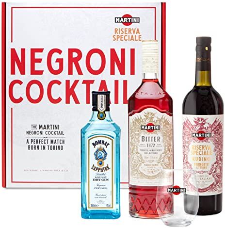 Martini Negroni Cocktail Kit Gift Set, Include Martini Riserva Speciale Rubino Vermouth 75cl, Martini Bitter 70cl, Gin Bombay Sapphire 35cl, Bicchiere Tumbler