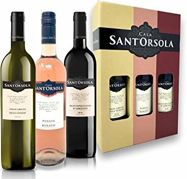 Casa Sant'Orsola - Vino in Confezione Regalo, Pinot Grigio D.O.C. delle Venezie 12%, Puglia I.G.T. Rosato 11,5%, Montepulciano d'Abruzzo D.O.C. 13%, Gusto Armonico, 3x750 ml