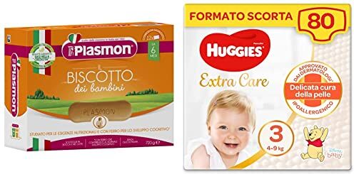 Plasmon Biscotto Classico 720 g (6 Confezioni) + Huggies Extra Care Pannolini, Taglia 3 (4-9 Kg), Confezione da 80 Pannolini