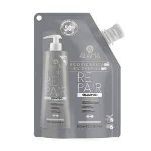 Alama Professional Eco-Refill Repair Shampoo Ristrutturante e Protettivo con Cheratina per Capelli Danneggiati e Sfibrati, Trattamento Tonificante e Ristrutturante, 90% Ingredienti Naturali, 100ml