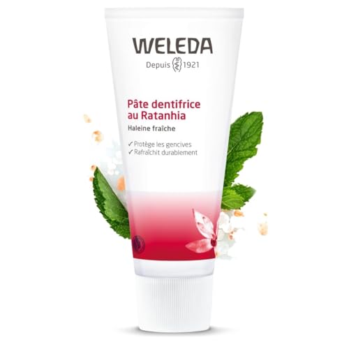 Weleda Dentifricio Ratania, dentifricio senza fluoro al gusto menta, con estratti di mirra e radice di ratania, efficacia contro la placca clinicamente testata (1x75 ml)