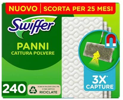 Swiffer Panni Catturapolvere, 240 Panni Microfibra Dry, Panni Cattura Polvere e Sporco, Ottimo per Tutti i Tipi di Pavimenti e per i Peli di Animali, Maxi Formato, Panni con 79% di Fibre Riciclate