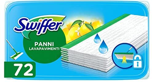 Swiffer Lavapavimenti Wet, 72 Panni Umidi, Limone, Pulizia Igienica Profonda, Rimuove Sporco e Batteri, per Tutti i Tipi di Pavimenti, Maxi Formato, Panni con 36% di Fibre Naturali