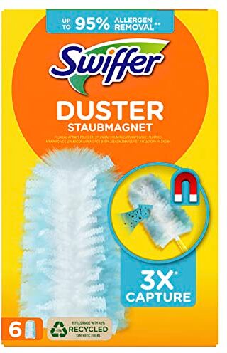 Swiffer Duster Piumini Catturapolvere, 6 Piumini, Cattura e Intrappola Polvere e Sporco, Raggiunge I Punti più Difficili della Casa, Fino al 95% di Allergeni in Meno