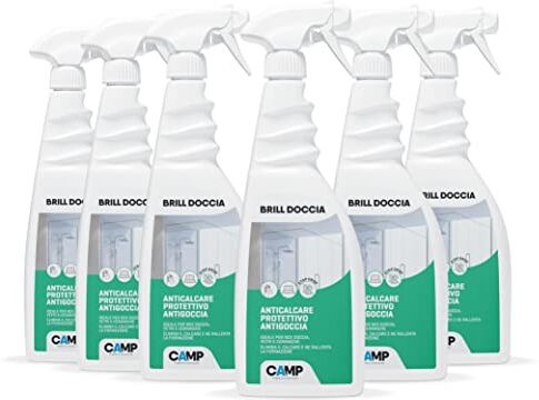 CAMP BRILL DOCCIA, Detergente Anticalcare protettivo antigoccia per box doccia, Rimuove il calcare e ne rallenta la formazione, pack 6x750ml