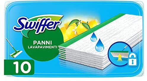 Swiffer Lavapavimenti Wet, 10 Panni Umidi, Limone, Pulizia Igienica Profonda, Rimuove Sporco e Batteri, per Tutti i Tipi di Pavimenti, Panni con 36% di Fibre Naturali