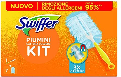 Swiffer Duster Piumini Catturapolvere, 1 Manico Ergonomico e 7 Piumini Duster, Cattura e Intrappola Polvere e Sporco, Raggiunge I Punti più Difficili della Casa, Piumini con 33% di Fibre Riciclate