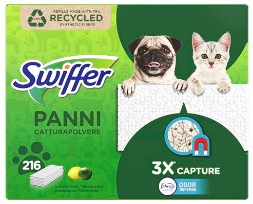 Swiffer PET 216 Panni Catturapolvere, in Microfibra Dry, Cattura Sporco, Ottimo per Tutti i Tipi di Pavimenti e per i Peli di Animali, Maxi Formato con 79% di Fibre Riciclate