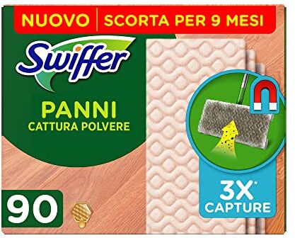 Swiffer Panni Catturapolvere, 90 Panni Microfibra Parquet, Panni Cattura Polvere e Sporco, Ottimo per Pavimenti con Cera d'Api e per i Peli di Animali, Scorta fino a 9 Mesi