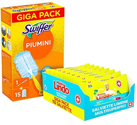 Swiffer Duster Piumini Cattura Polvere, 1 Manico, 15 Piumini + Mastro Lindo Salviette Igienizzanti Multisuperficie, 192 Pezzi, Limone, per Tutte le Superfici, senza Risciaquo