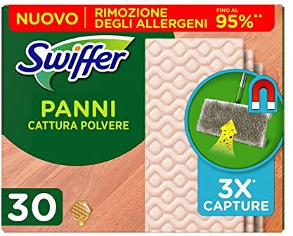 Swiffer Panni Catturapolvere, 30 Panni Microfibra Parquet, Panni Cattura Polvere e Sporco, Ottimo per Pavimenti con Cera d'Api e per i Peli di Animali, Fino al 95% di Allergeni in Meno