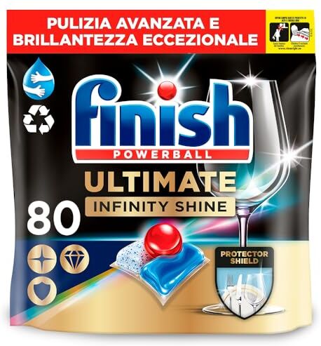 Finish Ultimate Infinity Shine Pastiglie Lavastoviglie Regular, 80 Capsule, con Scudo Protettivo contro lo Sporco e i Residui Incrostati