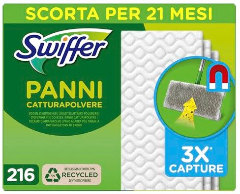 Swiffer 216 Panni Catturapolvere, in Microfibra Dry, Panni Cattura Sporco, Ottimo per Tutti i Tipi di Pavimenti e per i Peli di Animali, Maxi Formato con 79% di Fibre Riciclate