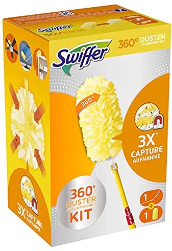 Swiffer Duster Catturapolvere, 1 Manico Ergonomico e 1 Piumino 360, Cattura e Intrappola Polvere e Sporco, Raggiunge I Punti più Difficili della Casa, con 33% di Fibre Riciclate