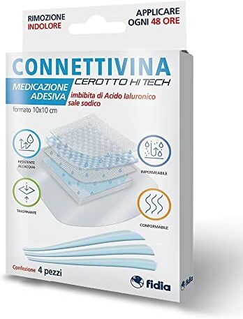 Connettivina cerotto Hi Tech Fidia farmaceutici   Formato 10x10 cm   Per escoriazioni, piccoli tagli e scottature   Imbevuto con Acido ialuronico sale sodico