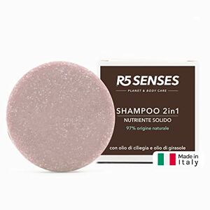 R5 Shampoo 2 in 1 Nutriente Solido R5 97% ingredienti origine naturale con Olio di Ciliegia e Girasole 70gr=60 lavaggi Nickel tested Dermatologicamente testato Vegano 100% PLASTIC FREE Made in Italy
