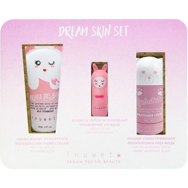 inuwet - eco-box dream pink - 3 trattamenti viso e corpo - vegan, naturale crema mani alla fragola, balsamo labbra alla fragola, maschera viso idratante all'argilla cofanetti creme corpo 60 ml unisex