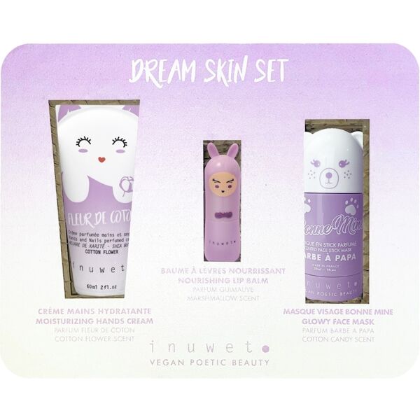 inuwet - eco-box dream malva - 3 cure viso e corpo - vegan, naturale crema mani ai fiori di cotone, balsamo labbra marshmallow, maschera viso radiance all'argilla cofanetti creme corpo 60 ml unisex