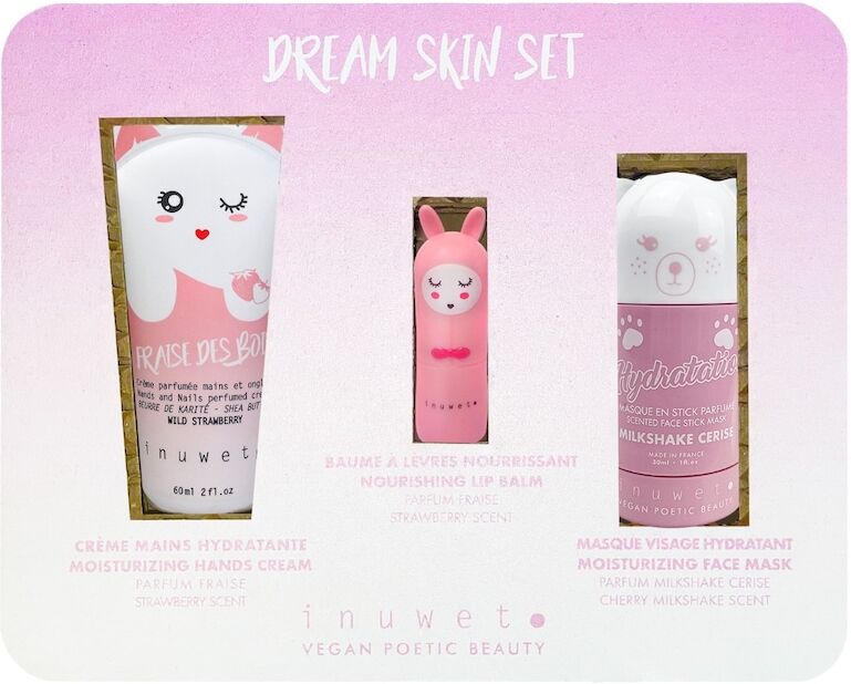 inuwet - eco-box dream pink - 3 trattamenti viso e corpo - vegan, naturale crema mani alla fragola, balsamo labbra alla fragola, maschera viso idratante all'argilla cofanetti creme corpo 60 ml unisex