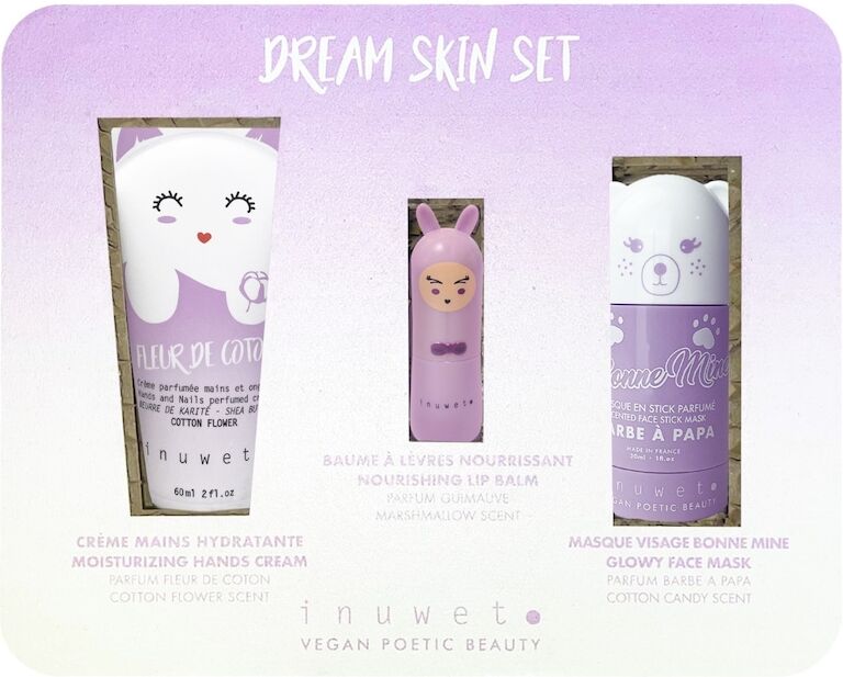 inuwet - eco-box dream malva - 3 cure viso e corpo - vegan, naturale crema mani ai fiori di cotone, balsamo labbra marshmallow, maschera viso radiance all'argilla cofanetti creme corpo 60 ml unisex