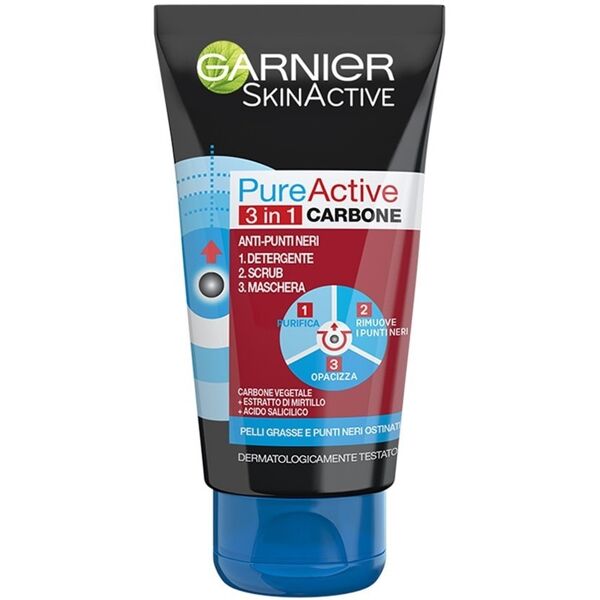 garnier - pure active intense, azione 3in1, detergente + scrub + maschera anti punti neri e imperfezioni, 0 sapone viso 400 ml female