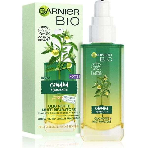 garnier - bio, olio notte multi riparatore con olio di semi di canapa biologico e vitamina e, per pelli stressate, anche sensibili e prime rughe, 30 ml olio viso female