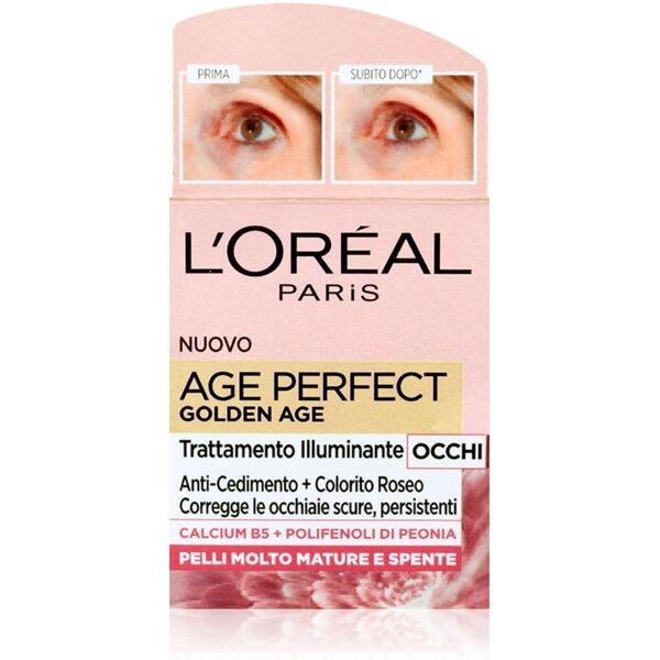 l'oréal paris - age perfect golden age, trattamento illuminante, formula arricchita con calcium 5 e polifenoli di peonia, kit cura occhi 15 ml female