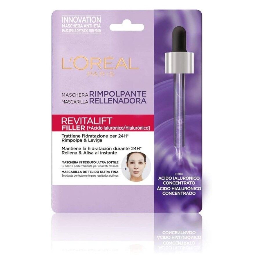 l'oréal paris - revitalift filler, azione rimpolpante anti-età con tecnologia effetto seconda pelle, arricchita con acido ialuronico maschere in tessuto 30 ml female