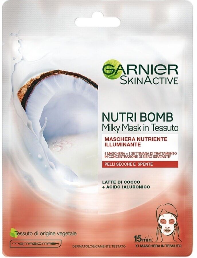 garnier - nutribomb, ideale per pelli secche e spente, arricchita con latte di cocco e acido ialuronico, 28 g maschere punti neri female