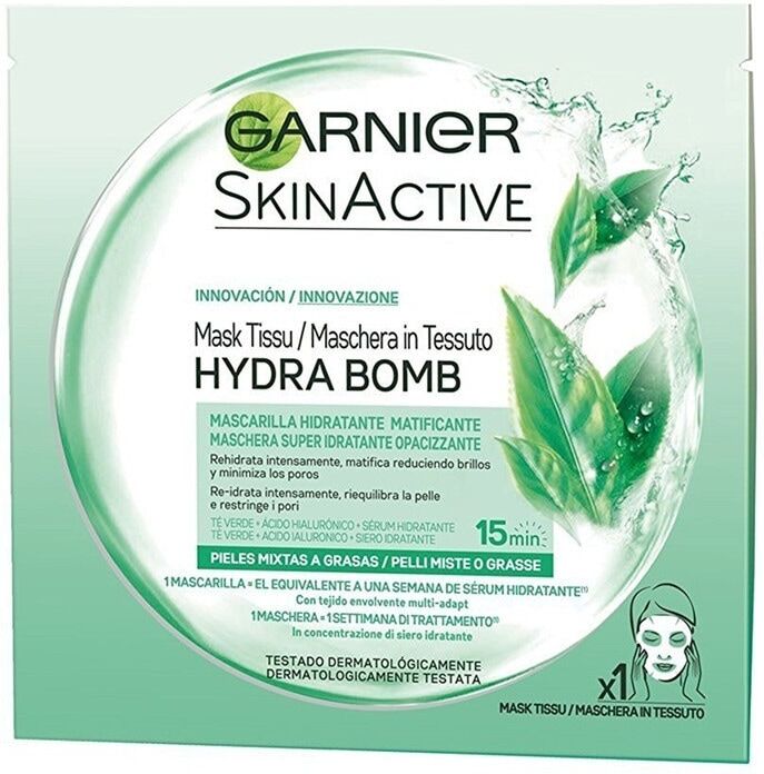 garnier - hydrabomb, formula idratante e opacizzante per pelli miste o grasse, the verde maschere in tessuto 32 ml female