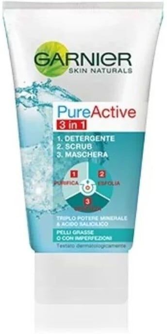 garnier - pure active, azione 3in1, detergente + scrub + maschera per pelli grasse o con imperfezioni, 0 sapone viso 150 ml female