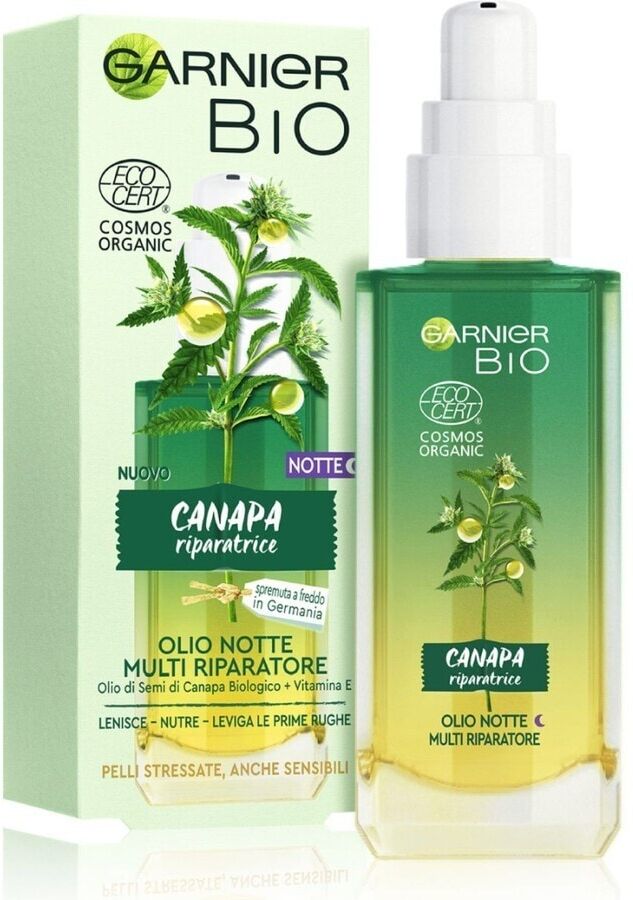 garnier - bio, olio notte multi riparatore con olio di semi di canapa biologico e vitamina e, per pelli stressate, anche sensibili e prime rughe, 30 ml olio viso female