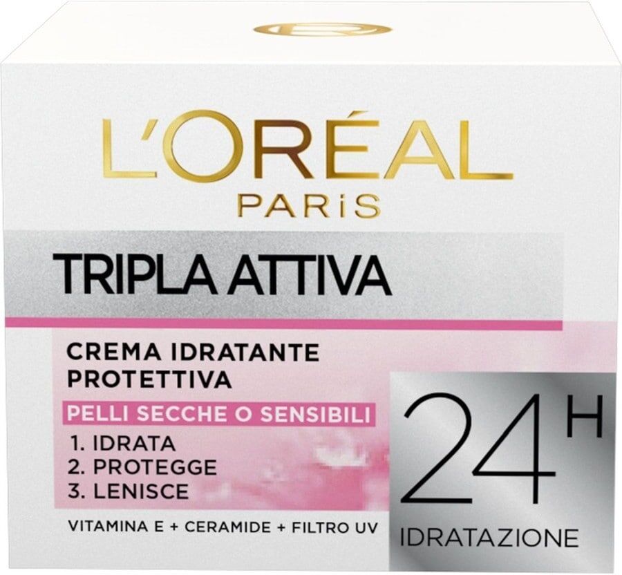 l'oréal paris - tripla attiva, idrata, protegge e lenisce la pelle, per pelli secche e sensibili, crema viso 50 ml female